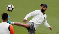 India's Virat Kohli playing football during training. (Reuters/Paul Childs)