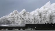 High waves triggered by Typhoon Jebi are seen at a fishing port in Aki, Kochi Prefecture, western Japan, in this photo taken by Kyodo September 4, 2018. Kyodo/via Reuters 