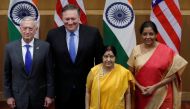 U.S. Secretary of State Mike Pompeo, U.S. Secretary of Defence James Mattis, India's Foreign Minister Sushma Swaraj and India's Defence Minister Nirmala Sitharaman pose after a joint news conference after a meeting in New Delhi, India, September 6, 2018. 