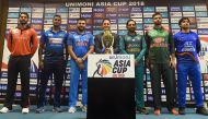 Hong Kong cricket team captain Anshuman Rath (L), Sri Lankan cricket team captain Angelo Mathews (2L), Indian cricket team captain Rohit Sharma (3L), Pakistan cricket captain Sarfraz Ahmed (3R), Bangladesh cricket captain Mashrafe Mortaza (2R), and Afghan