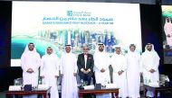 Doha Bank CEO Dr R Seetharaman (fourth left) with Yousuf Mohamed Al Jaida (second left), CEO, QFC Authority; Rashid Al Mansoori (fourth right), CEO of Qatar Stock Exchange; Fahad Rashid Al Kaabi (second right), CEO of Manateq; Mubarak Al Sahuty (right), E