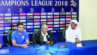 Al Sadd coach Jesualdo Ferreira (centre) and Al Sadd midfielder  Gabi Fernandez (left) during a pre-match press conference yesterday. 