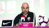 Qatar coach Felix Sanchez speaking at a press conference yesterday to announce the squad for two international friendlies against Ecuador and Uzbekistan this month. 
