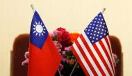 FILE PHOTO: Flags of Taiwan and US are placed for a meeting between US House Foreign Affairs Committee Chairman Ed Royce speaks and with Su Chia-chyuan, President of the Legislative Yuan in Taipei, Taiwan March 27, 2018. Reuters/Tyrone Siu