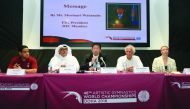 FROM LEFT: Anis Soud, Deputy Competition Manager, Ali Al Hitmi CEO of the Doha Worlds LOC, Morinari Watanabe, FIG President, Andre Gueisbuhler, FIG Secretary General and Competition Brand Ambassador Svetlana Boguinskaia during a press conference, yesterda