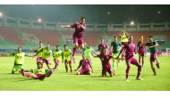 Qatari players celebrate after beating Chinese Taipei in their final Group A match of the AFC U-19 Championship in Jakarta, Indonesia yesterday.  
