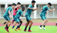 Qatari under-19 players in action during a practice session in Jakarta, Indonesia yesterday, ahead of their AFC U-19 quarter-final match against Thailand which will be played today.