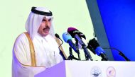 Qatar Central Bank Governor H E Sheikh Abdulla bin Saoud Al Thani addressing the opening of ‘Enriching Middle East’s Economic Future’ conference at The Ritz-Carlton yesterday. Pic: Abdul Basit / The Peninsula