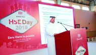 Mohammed bin Nasser Al Hajarji, Managing Director & General Manager of Qatar Steel, addressing Occupational Health and Safety Day at Qatar Steel headquarters.