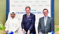From left: Nakilat Chief Executive Officer,  Abdullah Al Sulaiti, Excelerate Energy Managing Director  Steven Kobos, and Chief of Mission and Chargé d´Affaires of the United States Embassy in Doha William Grant, cutting a ribbon to mark the opening of  Ex