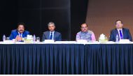 Indian Ambassador to Qatar P Kumaran (second left); G Venu (second right), Executive Director (Engg.) at NTPC; President of IBPC K M Varghese (left); and Sumit Malhotra, General Secretary of IBPC, at the seminar at Crowne Plaza Hotel-Doha yesterday.
