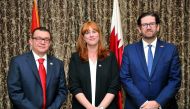 Stefanie McCollum (centre), Canada’s Ambassador to Qatar; Ahmed Hafez (left), Vice-Chairman and Founding Member of CBCQ, and Jeffery Asselstine, its Treasurer and Founding Member, at a press conference hosted by the council at St Regies Hotel-Doha. Pic: A
