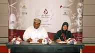 Dr Latifa Ali Al Darwish (right) CEO of Itlq, and Tsaheel’s CEO Mohamed Fadl Al Baloushi, signing the MoU on the sidelines of the ‘Made in Qatar’ expo in Muscat, which concluded yesterday. 