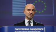 European Commissioner for Economic and Financial Affairs, Pierre Moscovici and Vice President of the European Commission Valdis Dombrovskis (not seen) hold a joint press conference after attending Weekly European Commission College meeting in Brussels, Be