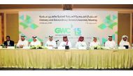 Sheikh Abdulla bin Fahad bin Jassem bin Jabor Al Thani (centre), Chairman of GWC, with Sheikh Fahad bin Hamad bin Jassem bin Jabor Al Thani, (fourth right) Vice-Chairman, and other board members during the General Assembly meeting in Doha, yesterday. Pic: