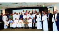 QSL President, Sheikh Hamad bin Khalifa bin Ahmed Al Thani and CEO Hani Taleb Ballan along with other officials pose for a group photo during a ceremony to celebrate Qatar’s Asian Cup victory at Al Bidda Tower.
