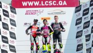 Abdulla Al Qubaisi (centre), Mishal Al Naimi (left) and Hungarian rider Balint Kovacs on the podium after the first fourth round race of Qatar Superstock 600 Championship at Losail International Circuit, yesterday. 