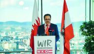 Sheikh Khalifa bin Jassim Al Thani, Chairman of Qatar Chamber (QC), addressing at the Qatari-Austrian Business Forum in Austria, yesterday.
