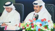H E Saad bin Sherida Al Kaabi (right), Minister of State for Energy Affairs and Chairman and Managing Director of Industries Qatar, addressing the Annual General Meeting  of Industries Qatar, yesterday.