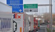 Trucks on the A16 highway between Dunkerque and Calais due to extensive controls by the customs officers protesting against the lack of staff and material ahead of the Brexit on March 4, 2019. AFP/ Philippe Huguen