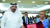 Qatar Chamber’s First Vice-Chairman Mohamed bin Ahmed bin Towar Al Kuwari (left) presents a memento to Peggy O Serame, the Permanent Secretary of Ministry of Investment, Trade and Industry of Botswana.  
