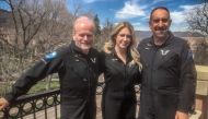 (From L to R) Virgin Galactic Chief Pilot Dave Mackay, Chief Astronaut Instructor Beth Moses, and Lead Pilot trainer Mike ‘Sooch’ Masucci pose at the 35th Space Symposium in Colorado Springs, Colorado, on April 9, 2019. AFP / Ivan Couronne
