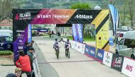 A Qatari pair celebrates after reaching the finish line of  Mitas 4 Islands MTB Race in Zagreb on Sunday.  