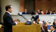 Russian Prime Minister Dmitry Medvedev speaks during his annual address to the State Duma, the lower chamber of Russia's parliament, in Moscow on April 17, 2019. / AFP / SPUTNIK / Dmitry ASTAKHOV