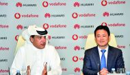 Vodafone Qatar Chairman, Abdulla Nasser Al Misnad (left) and Charles Yang, the President of Huawei Middle East, signing the strategic agreement at Vodafone Qatar’s headquarters, yesterday. 