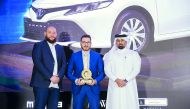 Firas Mufti, Senior Marketing Manager, receiving the award on behalf of Abdullah Abdulghani & Bros (AAB) with other officials at the awarding ceremony held at Mondrian Hotel in Doha.