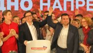 Presidential candidate of Social Democratic Union of Macedonia (SDSM) Stevo Pendarovski (2nd L) holds a press conference after the second round of North Macedonian presidential election in Skopje, North Macedonia on May 05, 2019. Abdula Berisha - Anadolu 