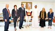 Qatar Chamber’s First Vice-Chairman Mohamed bin Ahmed bin Towar Al Kuwari (third right), with the  head of the Swiss trade delegation Maya Maria Marberger (centre), and other officials at the QC headquarters in Doha, yesterday.