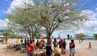 Traditional Samburu tribes-people shelter in the shade of an acacia at Merille livestock market, some 411km north of Nairobi in Kenya's Marsabit county, on April 30, 2019. AFP / Tony Karumba 

 