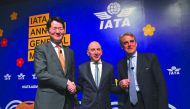 International Air Transport Association (IATA) Chief Executive Alexandre de Juniac (right) with Qatar Airways Chief Executive Akbar Al Baker (centre) and Korean Air Chief Executive Walter Cho during a press conference after the opening session of the annu