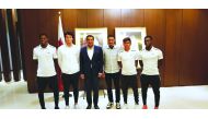 Qatar’s Ambassador to Singapore, H E Abdullah bin Ibrahim Al Hamar, poses for a photograph with the members of the national tennis team ahead of their campaign in 2019 Davis Cup, in Singapore, yesterday.
