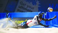 Qatar’s Ahmed Tijan in action against Czech Republic’s Ondrej Perusic and David Schweiner during their Pool D match of the FIVB Beach Volleyball World Championships in Hamburg, Germany, yesterday. 