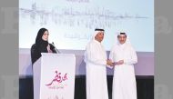 Ahmad Ali Al Henzab, Head of Administration & Properties, Doha Bank receiving trophy and appreciation certificate form Sheikh Saoud bin Abdulla bin Mohamed Jabor Al Thani, Chairman, Tawasol Center during the launching of Majd Qatar campaign.