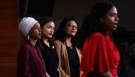 US Representatives Ayanna Pressley (D-MA) speaks as, Ilhan Abdullahi Omar (D-MN)(L), Rashida Tlaib (D-MI) (2R), and Alexandria Ocasio-Cortez (D-NY) hold a press conference, to address remarks made by US President Donald Trump earlier in the day, at the US