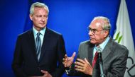 French Finance and Economy Minister Bruno Le Maire (L) flanked by the Organisation for Economic Co-operation and Development (OECD) Secretary General Jose Angel Gurria give a joint press conference at the Ministry of economy in Paris, on August 29, 2019. 