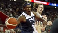 Myles Turner of the U.S. in action with Czech Republic's Ondrej Balvin REUTERS/Aly Song