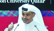 H E Ali bin Ahmed Al Kuwari, Minister of Commerce and Industry, delivering a speech during the Carnegie Mellon University in Qatar (CMU-Q) Dean’s Lecture Series, yesterday. Pic: Baher Amin/ The Peninsula