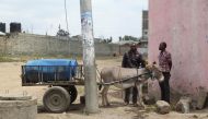 Charles Maina, 40, poses with his hired donkey in Naivasha, Kenya. Aug 22, 2019. Nita Bhalla/Thomson Reuters Foundation.