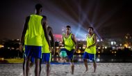 Brazilian beach soccer players take part in a training session yesterday at the Katara Beach ahead of the ANOC World Beach Games Qatar 2019 which kicks off today.  Picture: Miriam Jeske/COB