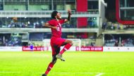 Qatar’s Yusuf Abdurisag celebrates after scoring their first goal against Bangladesh during the AFC Asian Cup China 2023 qualifier in Dhaka, Bangladesh, yesterday.