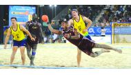 Qatar’s Mohamed Mutasem prepares to score against Australia during their beach handball quarter-final match at Al Gharafa, yesterday. Picture: Anvar Sadath 

