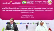 The President of Brazil, Jair Bolsonaro (left) and H E Ali bin Ahmed Al Kuwari, Minister of Commerce and Industry, at the roundtable meeting with top officials from Qatar and Brazil at Sheraton Hotel-Doha, yesterday.
