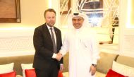 H E Ali bin Ahmed Al Kuwari, Minister of Commerce and Industry, receiving Torbjorn Roe Isaksen, Norway’s Minister of Trade and Industry.

