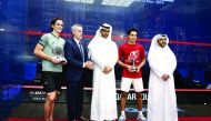 PSA World Championship winner Tareq Monen (second right) poses for a picture with Qatar Tennis, Squash and Badminton Federation (QTSBF) President, Nasser Al Khelaifi (centre), Secretary-General of QTSBF Tariq Zainal (right) and Professional Squash Associa