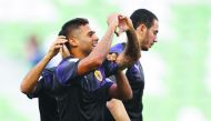 Qatar SC’s Kayke Rodrigues (centre), celebrates after scoring a hat-trick against Al Gharafa in Round 2. 