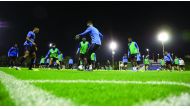 Qatari players take part in a training session at Aspire Zone in Doha yesterday as they gear up for the 24th Arabian Gulf Cup.